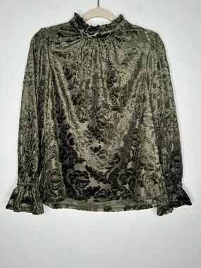 NWT Hem & Thread Olive Burnout Velvet Ruffled Mock Neck Long Sleeve Blouse Small